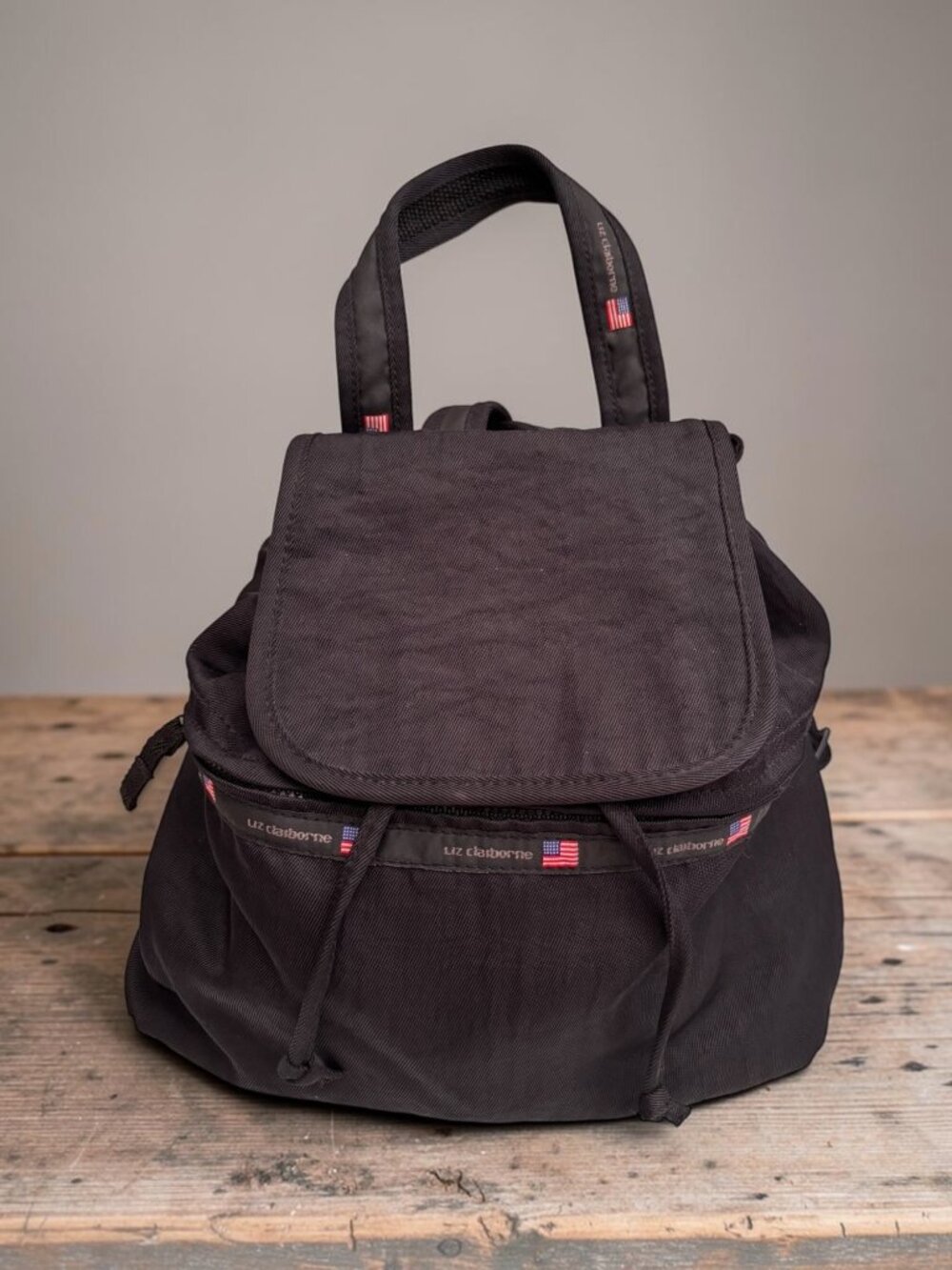 Liz Claiborne Black Nylon Drawstring Backpack With Adjustable Straps Zipper Pock